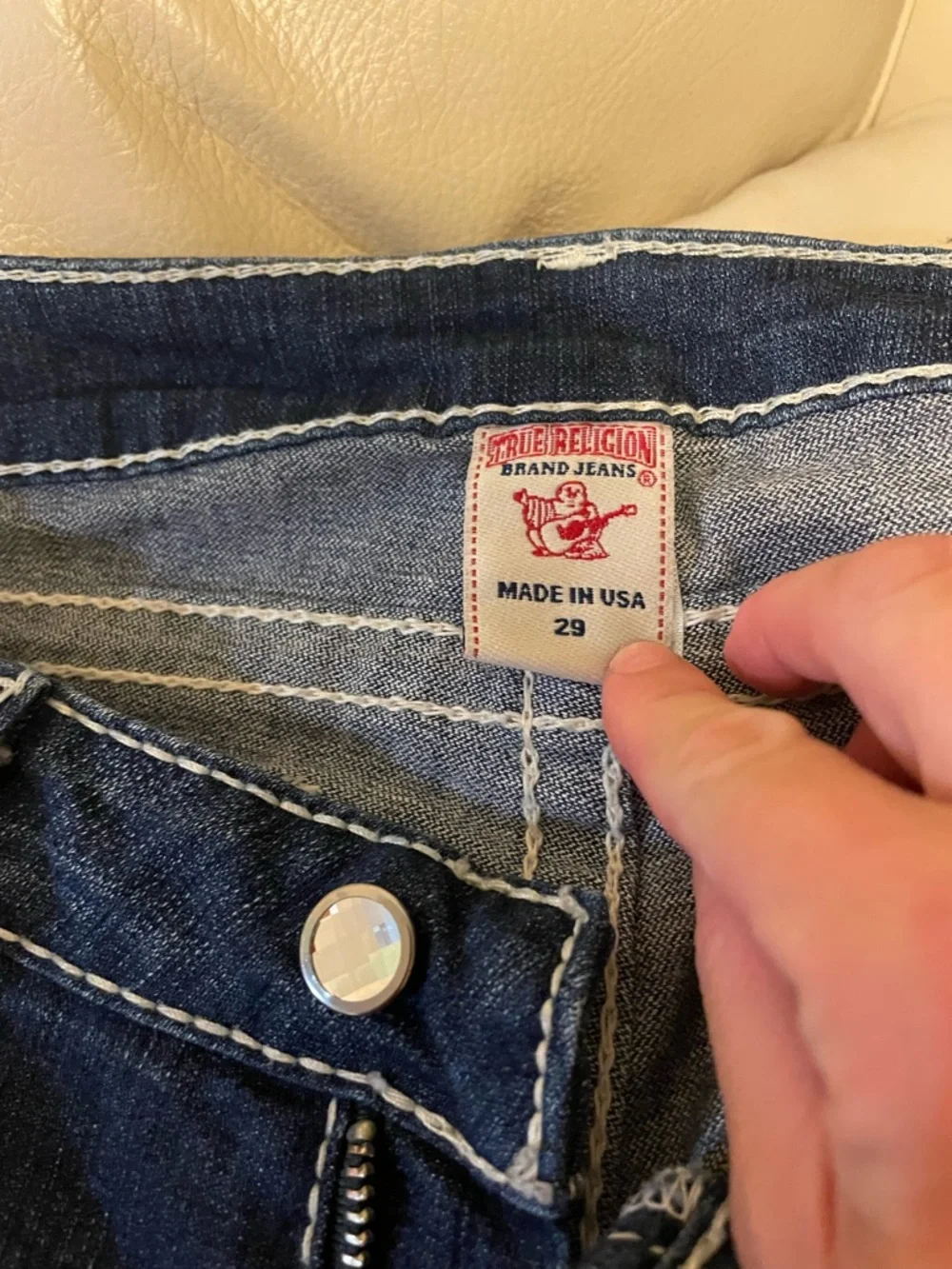 True Religion Dark Indigo Jeans with White Stitching - Picture 5 of 9
